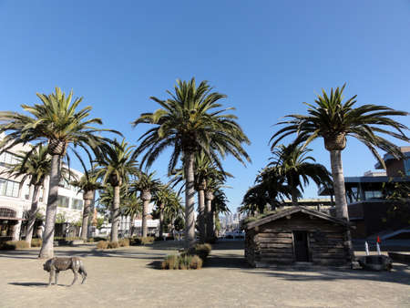 Jack London Log Cabin and Wolf at Jack London Square in Oakland.のeditorial素材