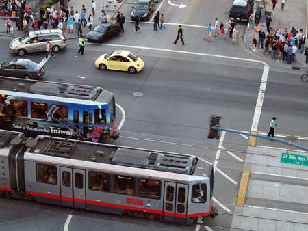 SAN FRANCISCO, CA - SEPTEMBER 28: MUNI Lightrail trains pass each other outside AT&T Baseball Park before the start of game on September 28 2010 in San Francisco.のeditorial素材