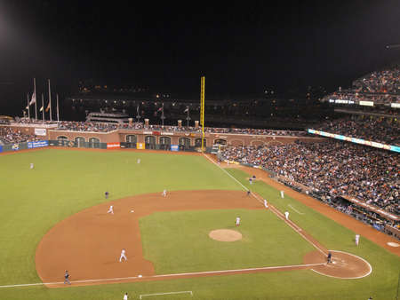 SAN FRANCISCO, CA - JUNE 7: Play at Firstbase in action during a night game at AT&T Park on June 7 2011 in San Francisco.のeditorial素材