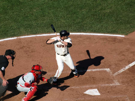 SAN FRANCISCO, CA - OCTOBER 19: Giants vs. Phillies: Giants Freddy Sanchez stands in the batters box waiting for pitch game 3 NLCS 2010 October 19, 2010 AT&T Park San Francisco. のeditorial素材