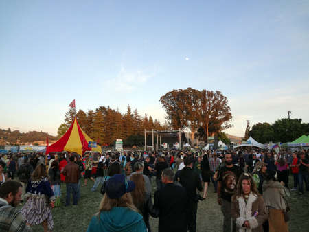 SONOMA, CA - JUNE 11: People Hang out by stage between music acts with a full moon overhead at Harmony Festival 2011 on June 11, 2011 in Sonoma, CA. のeditorial素材