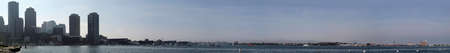 Boston Harbor Panoramic featuring buildings, boats, and shoreline on a summers dayのeditorial素材