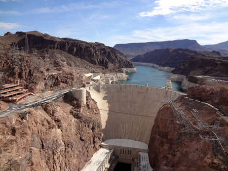 Aerial view of the Colorado River and Hoover Dam, a snapshot taken from bypass bridge on the border of Arizona and Nevada, USAのeditorial素材