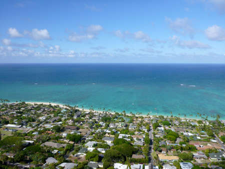 Lanikai town, beach, and Pacific Ocean on a beautiful day の写真素材