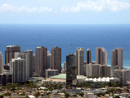 Convention Center, Waikiki, and Honolulu Landscape with view of Pacific Ocean on a great day on the island of Oahu in the state of Hawaii.                               の写真素材