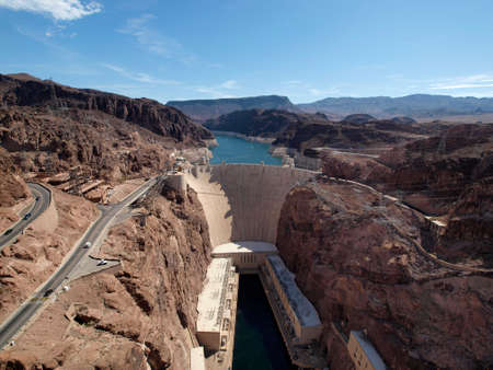 Aerial view of the Colorado River and Hoover Dam, a snapshot taken from bypass bridge on the border of Arizona and Nevada, USAの写真素材