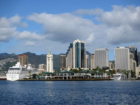 Aloha Tower, Boats, Market, harbor, and Downtown Honolulu on a nice day on Oahu, Hawaii                       のeditorial素材