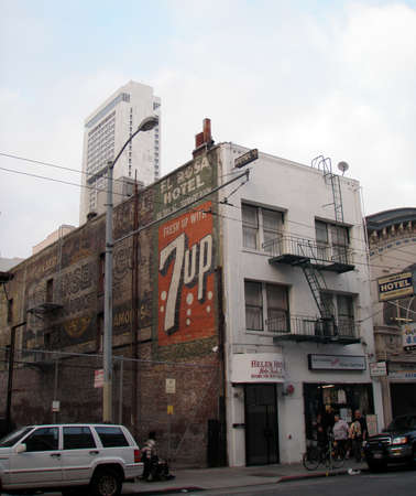 SAN FRANCISCO - DECEMBER 1: A Historic 7up ghost sign and a ghost sign for the El Rosa Hotel on side of Helen Hotel, seen in San Francisco's Tenderloin District..  December 1 2008,  San Francisco, California.のeditorial素材