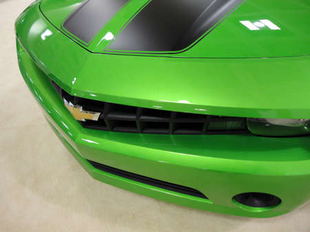 SAN FRANCISCO, CA - NOVEMBER 20: Bright Green Chevy Camero Car Hood is displayed at the 53rd International Auto Show, on Saturday November 20, 2010 San Francisco CA.のeditorial素材