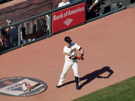 SAN FRANCISCO, CA - OCTOBER 19: Aaron Rowand stands in on deck circle working on his swing before at bat during game 3 of the 2010 NLCS game between Giants and Phillies Oct. 19, 2010 AT&T Park San Francisco, CA.のeditorial素材