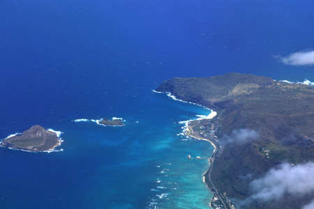 Rabbit Island, Rock Island, Makapuu and Waimanalo on the Southeast Corner of Oahu seen from the air.の写真素材