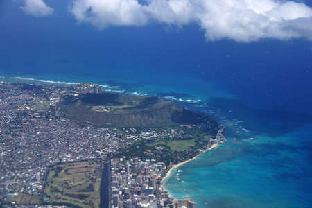 Aerial view of Diamondhead, Kapiolani Park, Waikiki, Ala Wai Canal, Kapahulu town, Pacific ocean,...