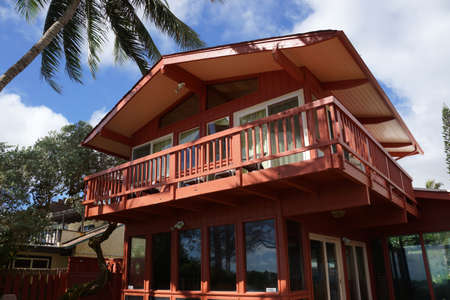 Beach side of Red Beach House with tall coconut tree overhead on Oahu, Hawaii.のeditorial素材