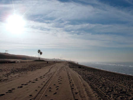 Tire tracks and footprints in the sand with palm trees and power plant in the distance with sun rising on Dockweiler Beach State Park, Playa Del Rey in LA, California.  January 2014.の写真素材