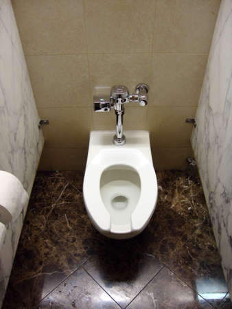 Interior toilet in granite stall with electronic flush and toilet paper.の写真素材