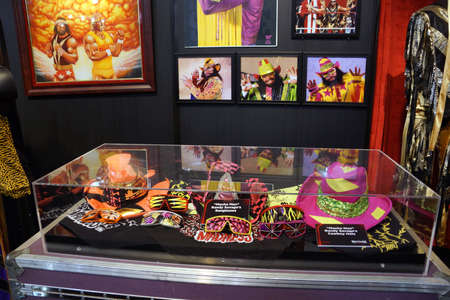 SAN JOSE - MARCH 28: WWE Legend Macho Man outfit, hats, sunglasses and photo displays at WWE Axxess event at the McEnery Convention Center in San Jose, California on March 28, 2015.のeditorial素材