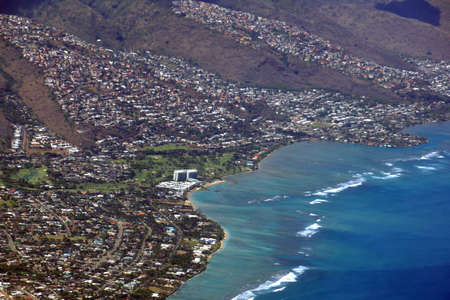 Aerial view of Kahala, and H-1 Highway, Pacific ocean, clouds, and Golf Course on Oahu, Hawaii.の写真素材