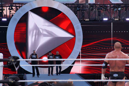 SANTA CLARA - MARCH 29: NWO Hulk Hogan, Kevin Nash, Scott Hall walk towards ring as Triple H stands in ring during match at Wrestlemania 31 at the Levi's Stadium in Santa Clara, California on March 29, 2015.のeditorial素材