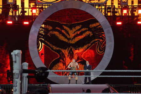 SANTA CLARA - MARCH 29: WWE Champion Brock Lesner and agent Paul Heyman enters arena at, showcase of the immortals, Wrestlemania 31, as night falls with fans cheering at the Levi's Stadium in Santa Clara, California on March 29, 2015.のeditorial素材