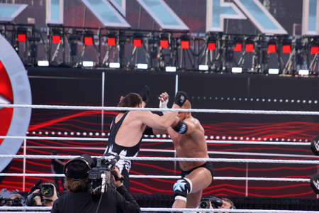 SANTA CLARA - MARCH 29: Triple H and Sting lock-up in ring during match at Wrestlemania 31 at the Levi's Stadium in Santa Clara, California on March 29, 2015.のeditorial素材