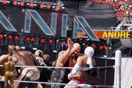 SANTA CLARA - MARCH 29: WWE Wrestler Big Show moves hand to slap chest of Los Matadores as other wrestlers fight in ring during andre the giant battle royal 2015 at Wrestlemania 31 at the Levi's Stadium in Santa Clara, California on March 29, 2015.のeditorial素材
