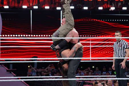 SANTA CLARA - MARCH 29: WWE Wrestler the Undertaker tombstone piledrivers Bray Wyatt middle of ring during match at Wrestlemania 31 at the Levi's Stadium in Santa Clara, California on March 29, 2015.のeditorial素材