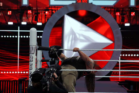 SANTA CLARA - MARCH 29: WWE Wrestler Bray Wyatt bends backwards while holding ropes in ring during match at Wrestlemania 31 at the Levi's Stadium in Santa Clara, California on March 29, 2015.のeditorial素材