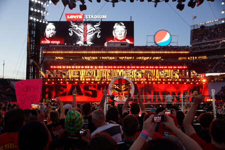 SANTA CLARA - MARCH 29: WWE Champion Brock Lesner enters arena at, showcase of the immortals, Wrestlemania 31, as night falls with fans cheering at the Levi's Stadium in Santa Clara, California on March 29, 2015.のeditorial素材