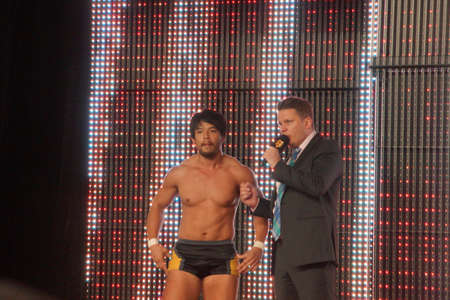 SAN JOSE - MARCH 28: NXT Wrestle Hideo Itami, also know as Kenta Kobayashi is a Japanese professional wrestler, best known by his ring name Kenta. interview at top of the ramp at WWE Axxess event at the McEnery Convention Center in San Jose, California onのeditorial素材