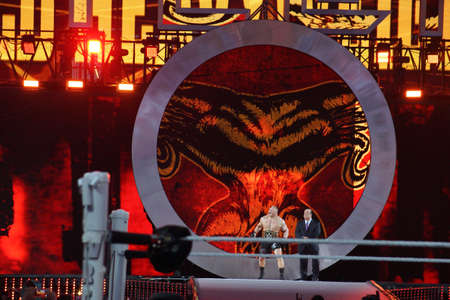 SANTA CLARA - MARCH 29: WWE Champion Brock Lesner screams as he enters arena with agent Paul Heyman at, showcase of the immortals, Wrestlemania 31, as night falls with fans cheering at the Levi's Stadium in Santa Clara, California on March 29, 2015.のeditorial素材