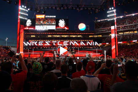 SANTA CLARA - MARCH 29: WWE Champion Brock Lesner F-5ing Roman Reigns off the top of his shoulders as fans cheer at Wrestlemania 31 at the Levi's Stadium in Santa Clara, California on March 29, 2015.のeditorial素材