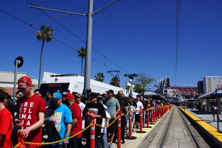 SANTA CLARA - MARCH 29:  Crowd of people de-board VTA transit train to attend Wrestlemania 31 at the Levi's Stadium in San Clara, California on March 29, 2015.のeditorial素材