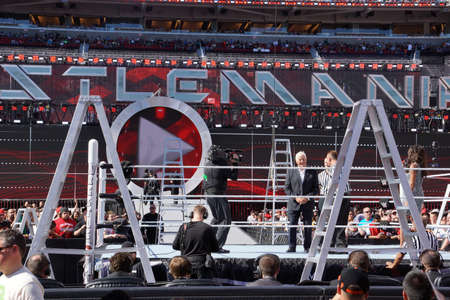 SANTA CLARA - MARCH 29: Pat Patterson stands and talks to refs in ring Intercontinental championship ladder match at Wrestlemania 31 at the Levi's Stadium in Santa Clara, California on March 29, 2015.のeditorial素材