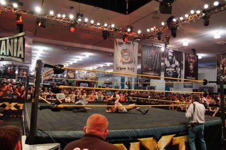 SAN JOSE - MARCH 28: NXT Wrestle Bull Dempsey pins opponent Jason Jordan in ring with ref counting during match at WWE Axxess event at the McEnery Convention Center in San Jose, California on March 28, 2015.のeditorial素材