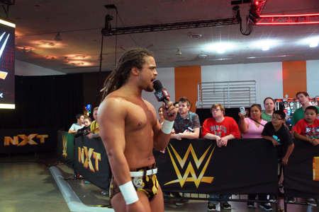 SAN JOSE - MARCH 28: NXT Wrestle CJ Parker talks on mic outside ring to crowd at WWE Axxess event at the McEnery Convention Center in San Jose, California on March 28, 2015.のeditorial素材