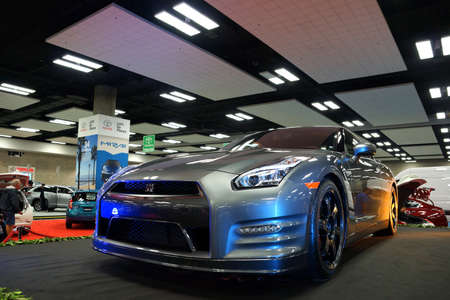 HONOLULU - MARCH 14, 2015:  Nissan GT-R car on display at the Motor Show exhibition - 2015 First Hawaiian International Auto Show at the Convention Center in Oahu, Hawaii.  March 14, 2015.のeditorial素材