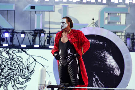 SANTA CLARA - MARCH 29: WWE wrestler Sting Stands on top of turnbuckle with hands on hips before match at Wrestlemania 31 at the Levi's Stadium in Santa Clara, California on March 29, 2015.のeditorial素材