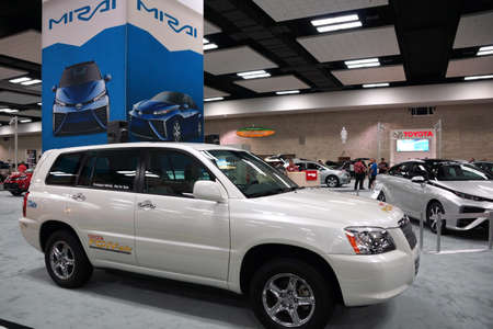 HONOLULU - MARCH 14, 2015:  100% electric Toyota FCHV-adv on display at the Motor Show exhibition - 2015 First Hawaiian International Auto Show at the Convention Center in Oahu, Hawaii.  March 14, 2015.のeditorial素材