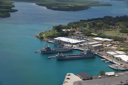 Navy Boats docked in Pearl Harbor on Oahu, Hawaii.のeditorial素材