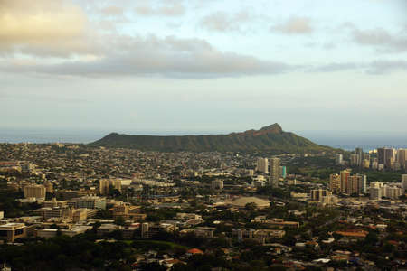 Diamondhead and the city of Honolulu on Oahu on a nice day. UH Manoa, Waikiki, Kahala and the H-1 Visible, seen from Round Top Dr. lookout point.  September 2015.の写真素材