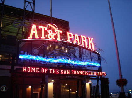 SAN FRANCISCO - APRIL 28: AT&T Park - Home of the Giants - Neon Sign at night with visual of water taken on April 28 2009 at Att Park in San Francisco California.のeditorial素材