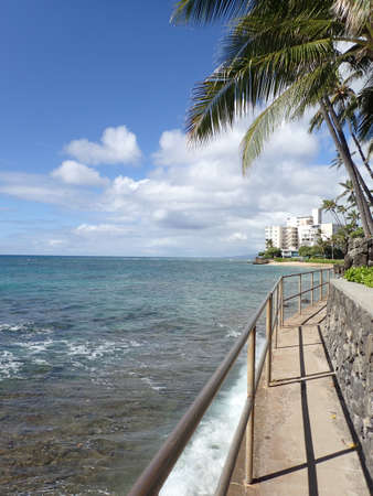 Seaside Path to Makalei Beach Park with Coconut trees hanging over the ocean and beach in distance on Oahu, Hawaii.の写真素材