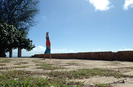 Man Handstanding stone foundation along cliff shore next to shallow ocean waters of Waikiki with Coconut trees hang over looking into the pacific ocean at Leahi Beach Park on Oahu, Hawaii on a beautiful day.の写真素材