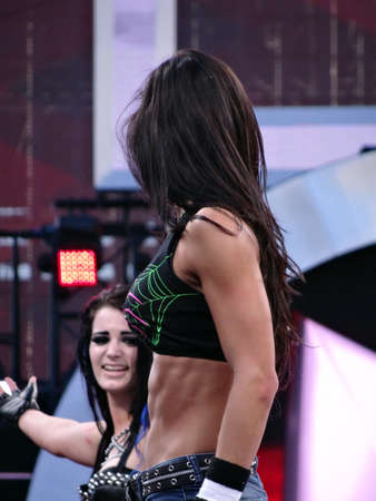 SAN CLARA - MARCH 29: Tag team partners AJ Lee and Paige look at each other at standing at the top rope after match at Wrestlemania 31 match at the Levi's Stadium in San Clara, California on March 29, 2015.のeditorial素材