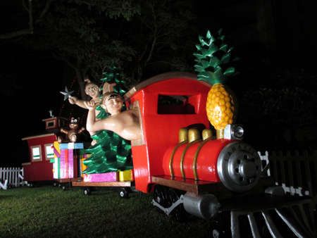 HONOLULU - DECEMBER 14: Hawaiian Figures Drive, Shaka, and Ride Christmas Train full of Presents,  Norfolk pine Christmas Tree, and a Pineapple for a smokestack in front of Honolulu Hale, the Mayor Office, as part of Honolulu City Lights runs annually thrのeditorial素材