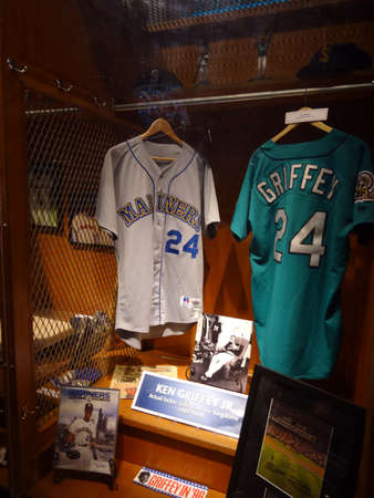 SEATTLE - JUNE 26: Ken Griffey, Jr Locker with Jerseys and other memorabilia at Mariners Hall of Fame at Safeco Field during baseball game, Seattle in June 26, 2016.のeditorial素材