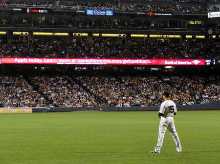 San Francisco - September 27, 2011: Giants right fielder Carlos Beltran stands in the outfield...