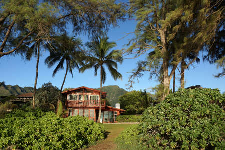 Red Beach House in Waimanalo on a Beautiful Day on Oahu, Hawaii.                               の写真素材