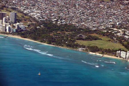 Aerial view of Kapiolani Park, Waikiki, Natatorium, Kapahulu town, Pacific ocean on Oahu, Hawaii....