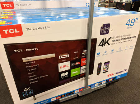 Honolulu - May 29, 2018:  TCL Roku TVs on display at Best Buy. The Roku Streaming Player, or simply Roku, is a series of streaming players manufactured by Roku, Inc. Roku partners provide over-the-top content in the form of channels.のeditorial素材